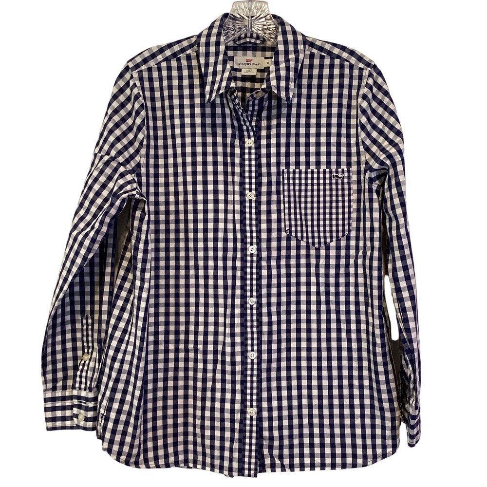 Vineyard Vines Women's Blue White Gingham Long Sleeve Button Down Shirt - 10